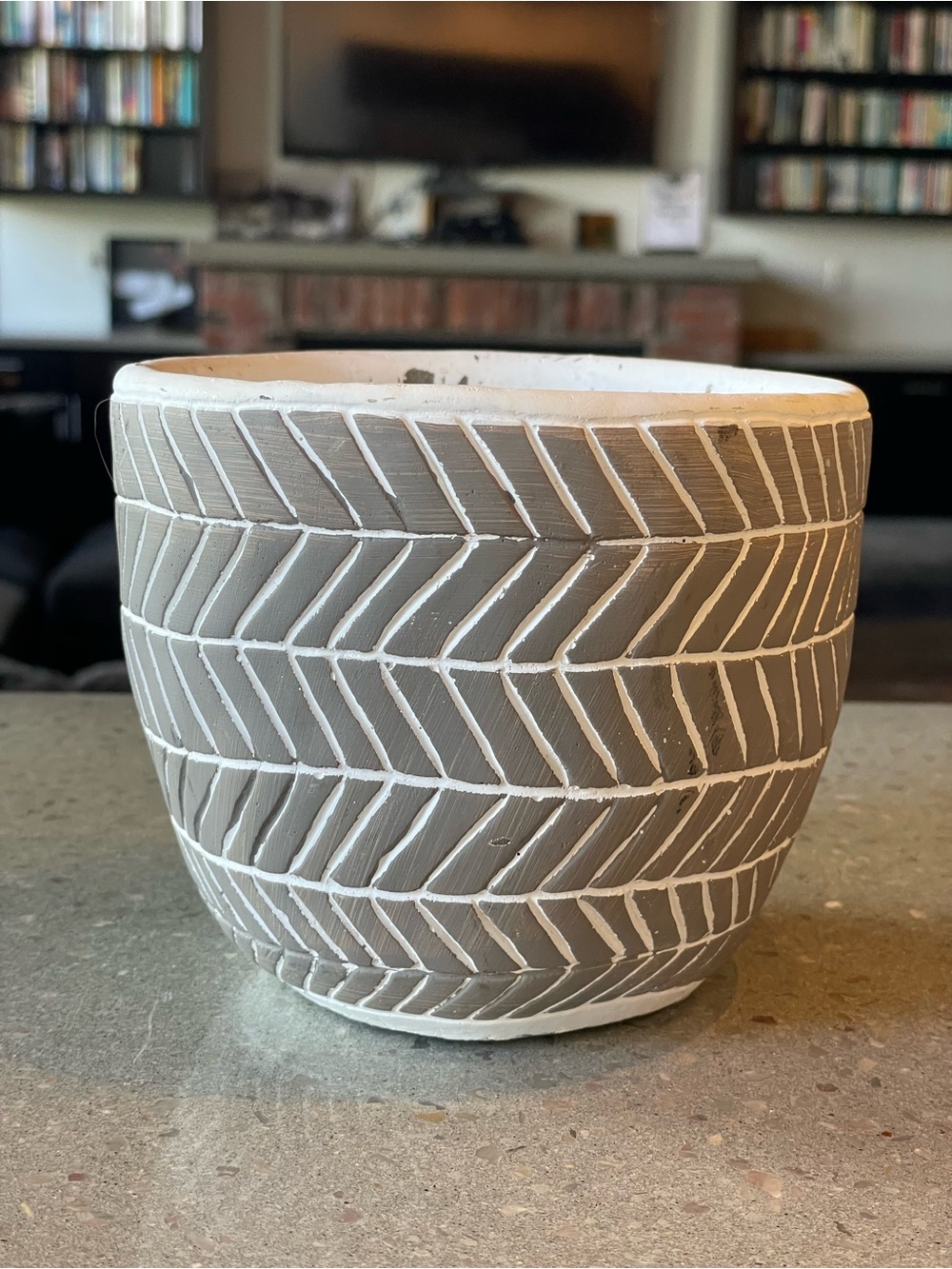 Handmade Neutral Gray & White Chevron Patterned Ceramic Planter - Modern Art
